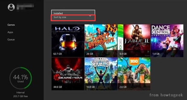 select Sort by Size Xbox One