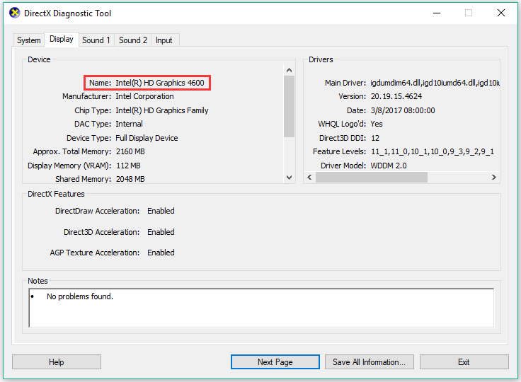 check video card through DirectX Diagnostic Tool