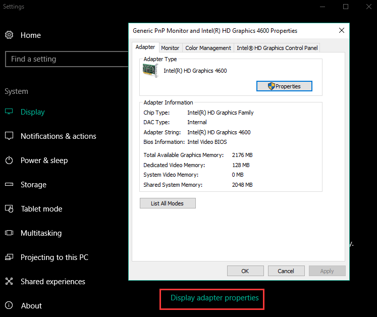 check video card through Display settings