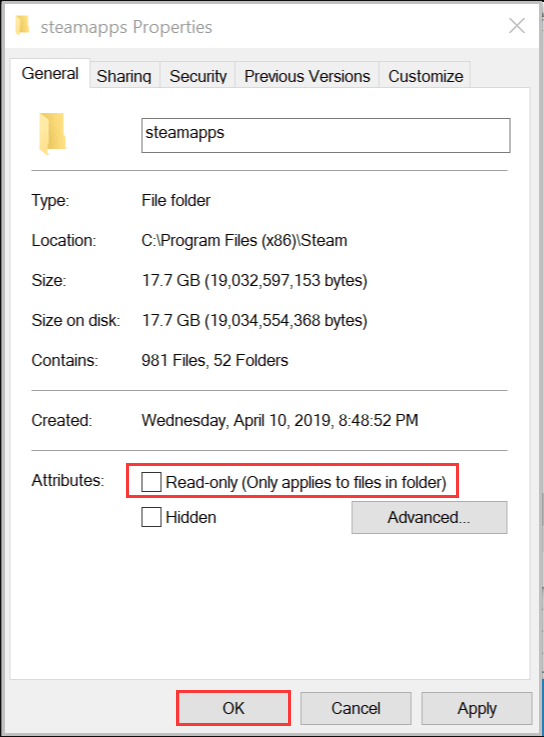 uncheck Read only for Steamapps folder