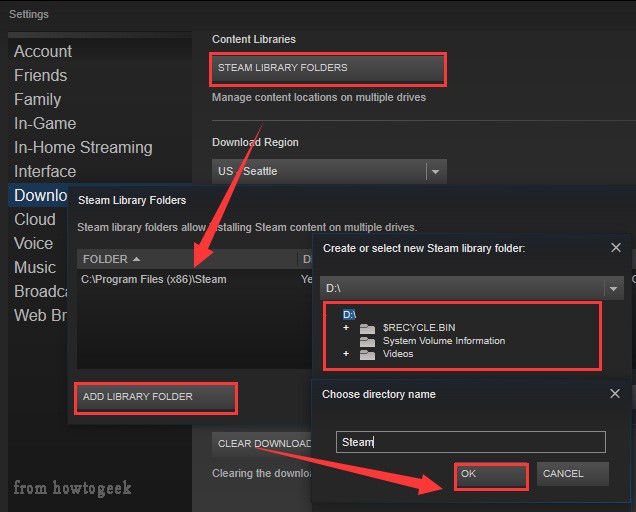 the process of changing the default Steam library folder