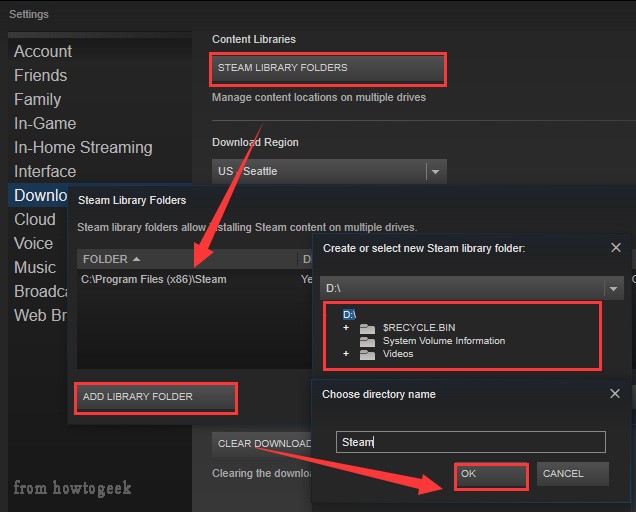 the process of changing the default Steam library folder