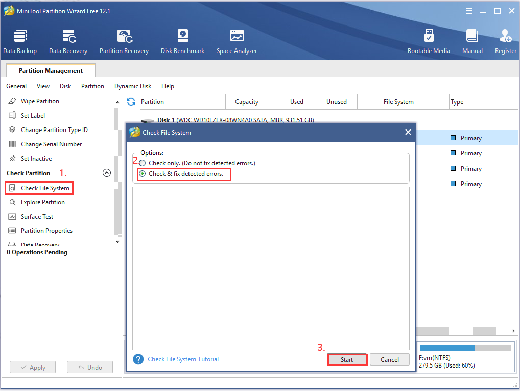 click on the check and fix detected errors MiniTool