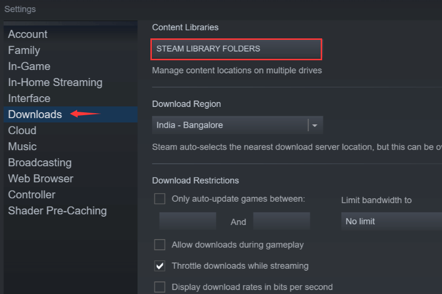 click on Steam Library Folders