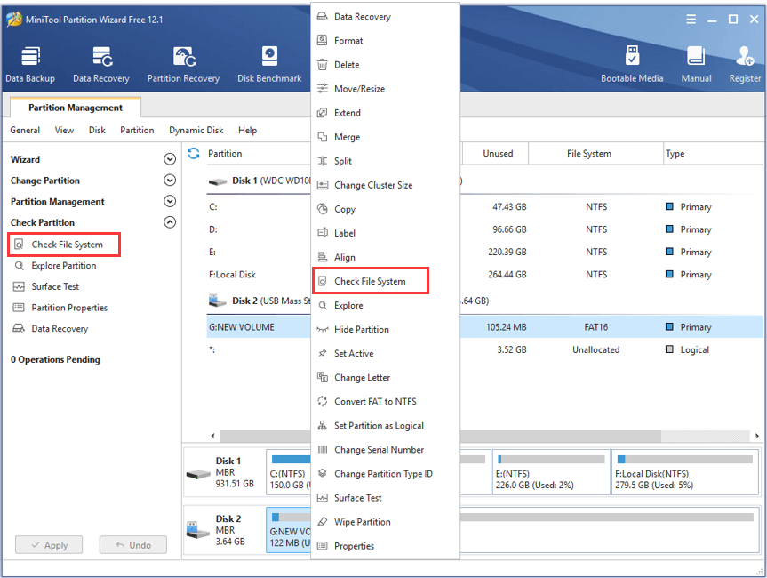 elija Comprobar sistema de archivos