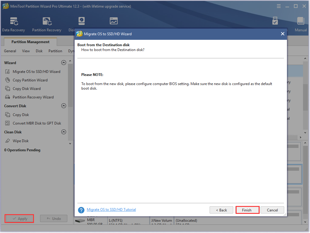 click on Finish and Apply buttons to migrate OS