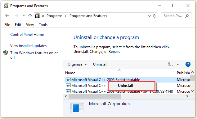 uninstall Microsoft Visual C Redistributable Package