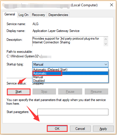 change the Startup type to automatic