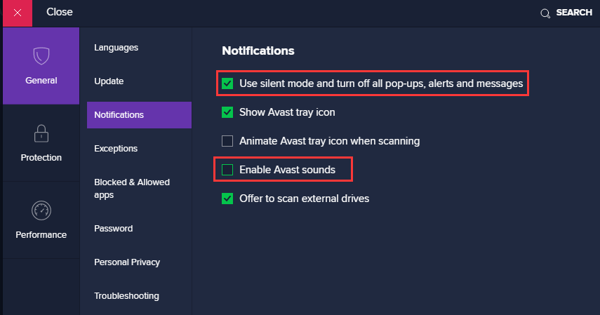 disable Avast notifications