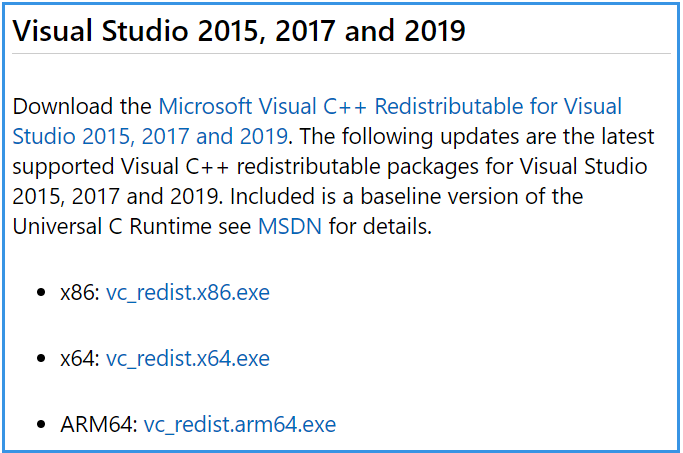 download the right Visual C Redist version
