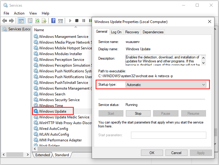 enable Windows Update service