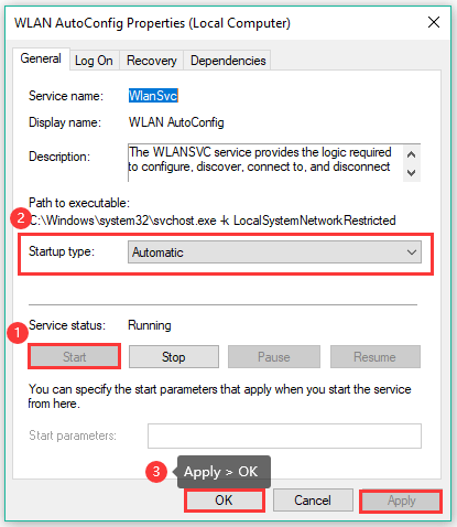 reset the status of the WLAN AutoConfig service
