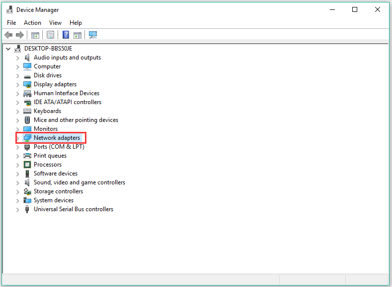 locate Network adapters on Device Manager window