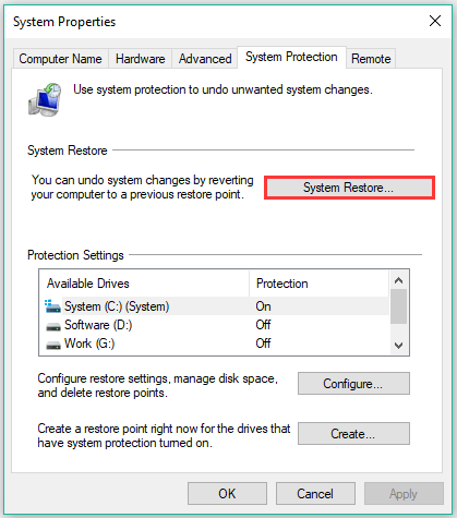 click the System Restore button