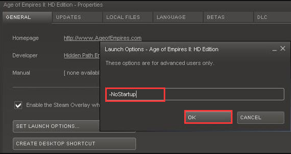 type NoStartup in Steam Launch Options