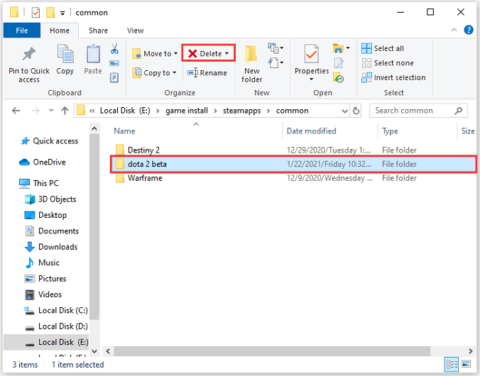 delete Dota 2 folder
