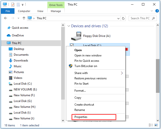 select the Properties of a drive in File Explorer