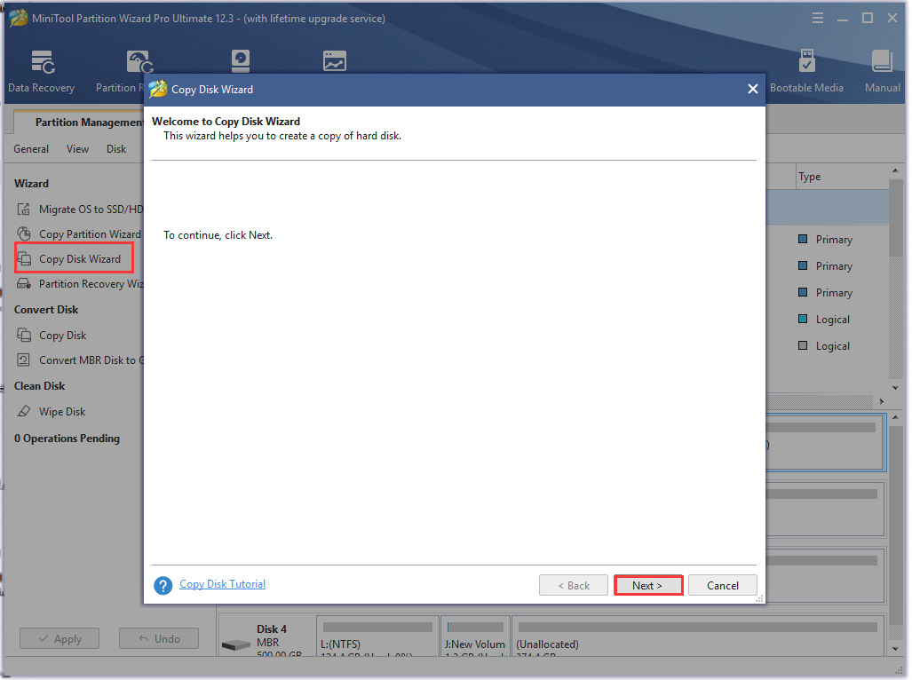 click on Copy Disk Wizard on MiniTool
