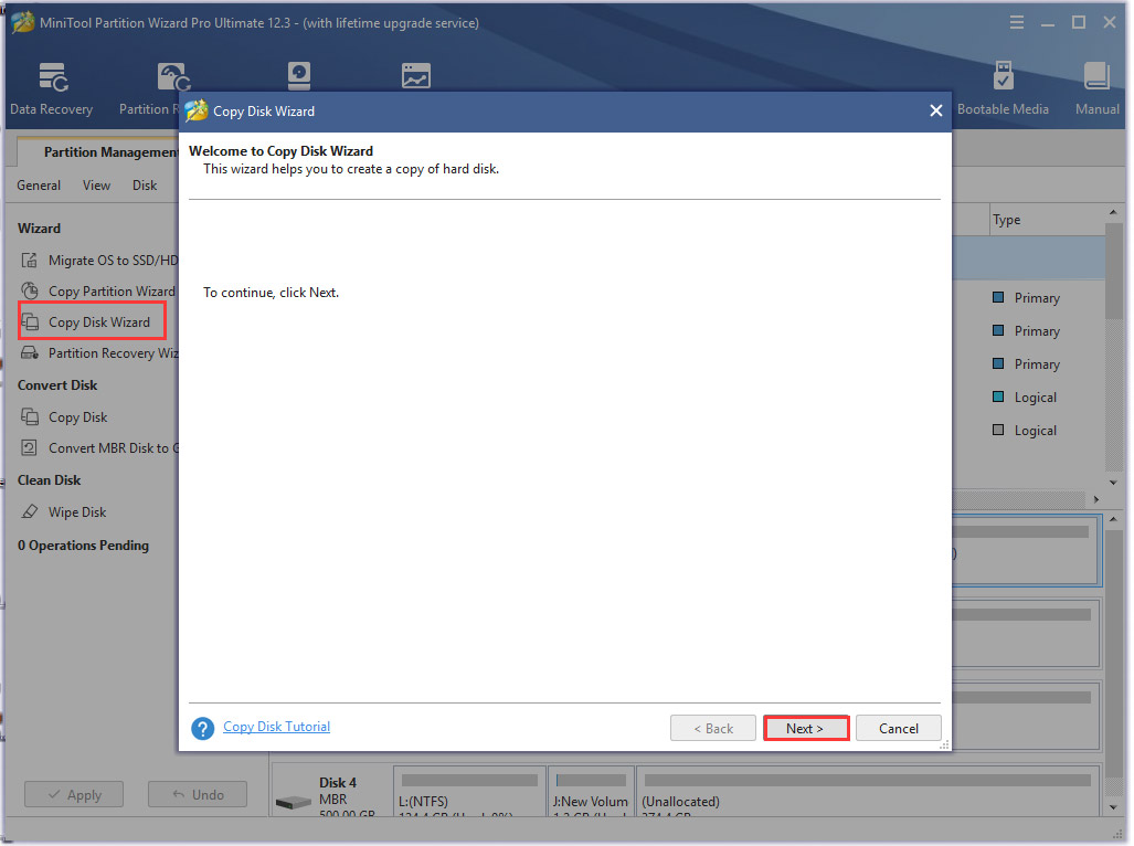 nhấp vào Copy Disk Wizard trên MiniTool