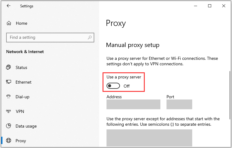 turn off Use a proxy server