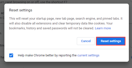 click Reset settings