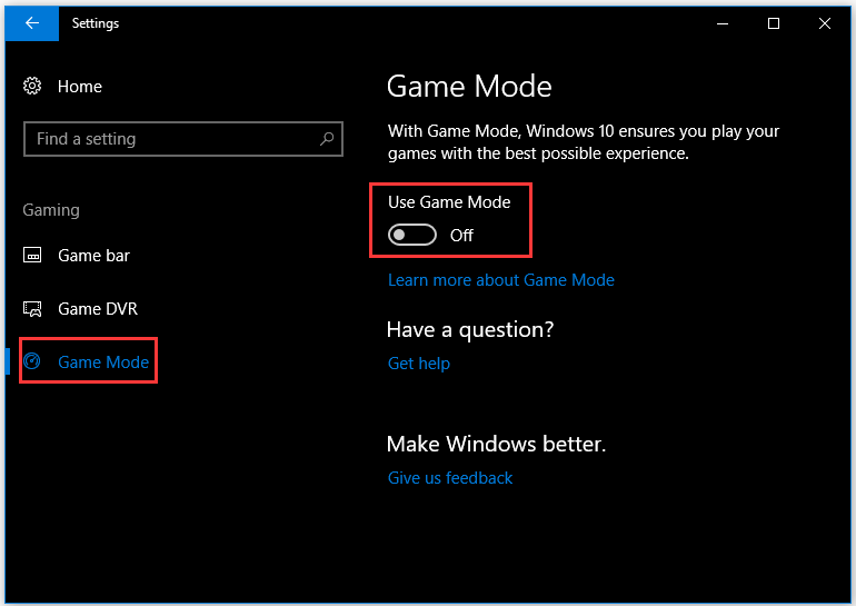 disable the Windows 10 game mode