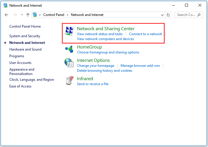 choose Network and Sharing Center
