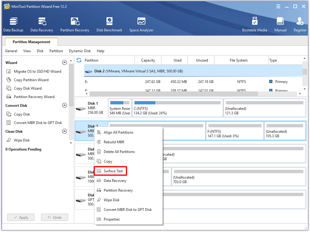 click on the Surface Test option