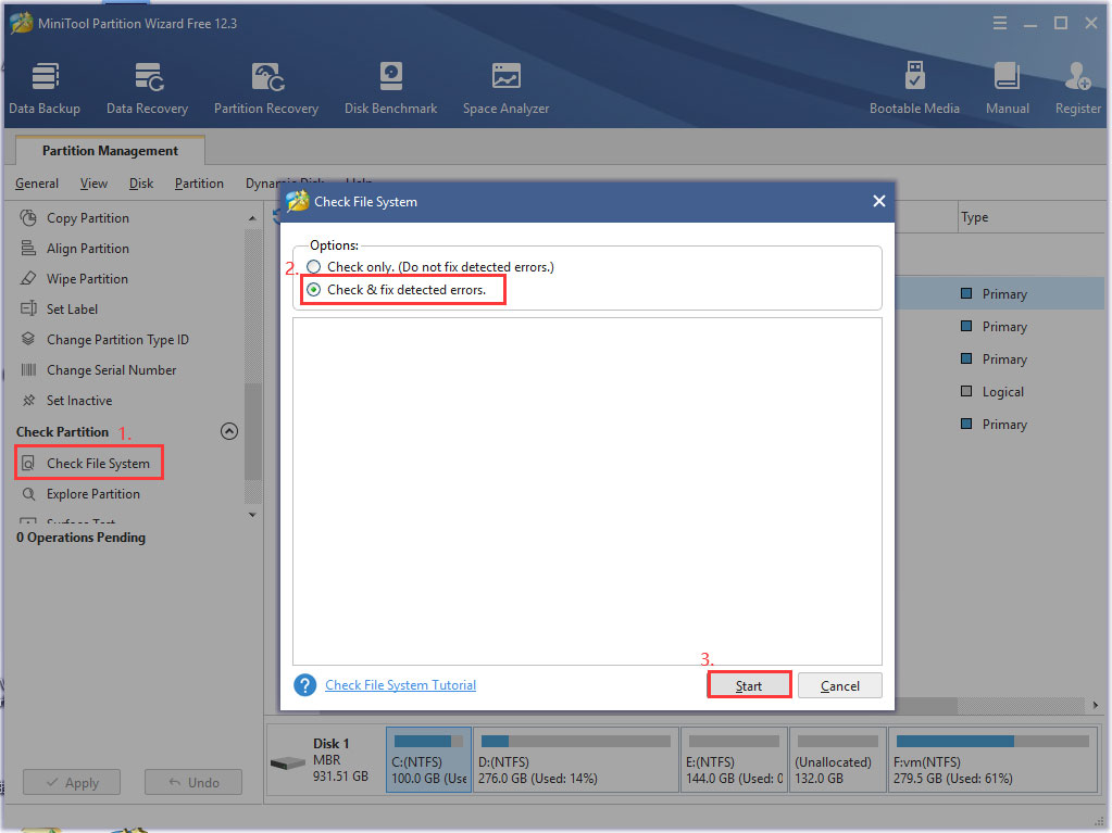 check and fix file system using the MiniTool software
