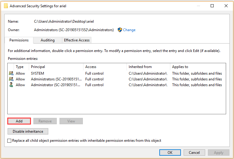 click on the Add button in the Advanced Security Settings window