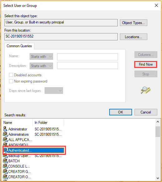 click Find Now and Authenticated user