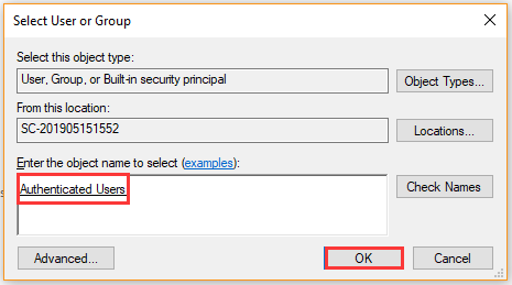 click on OK in Select User or Group window
