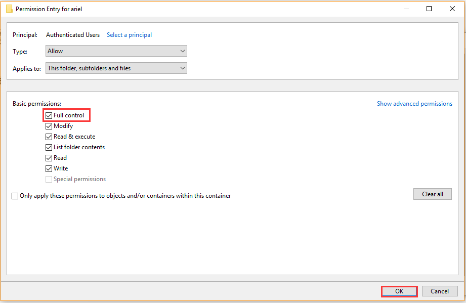 select Full control in the Permission Entry