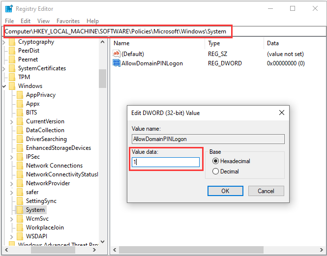 set the value data to 1