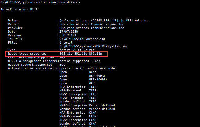 the netsh wlan show drivers