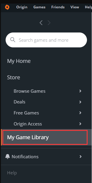click on My Game Library Origin