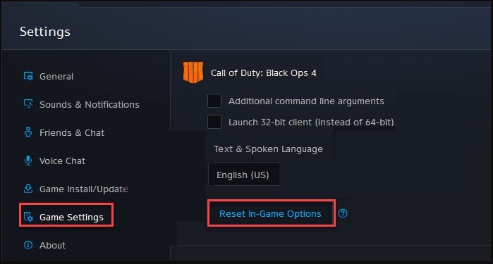 click on Reset in game options for Black Ops4