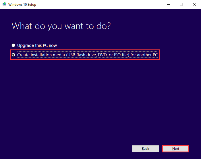 choose Create installation media (USB flash drive, DVD, or ISO file) for another PC