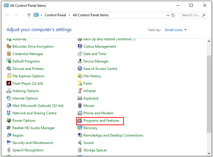 click Programs and Features
