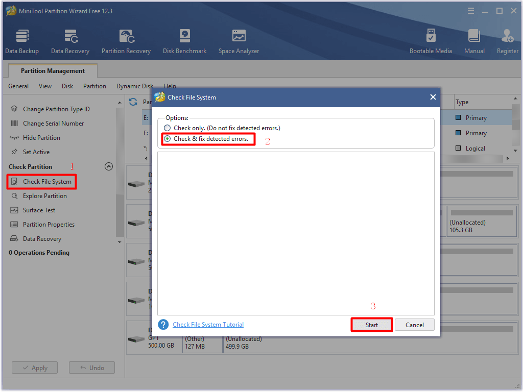 choose and execute Check File System