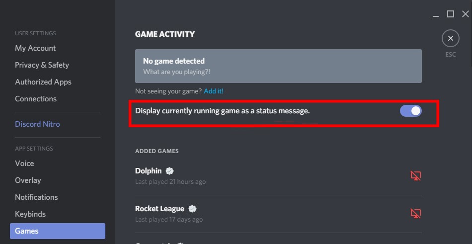 Display currently running game as a status message under the Games Activity