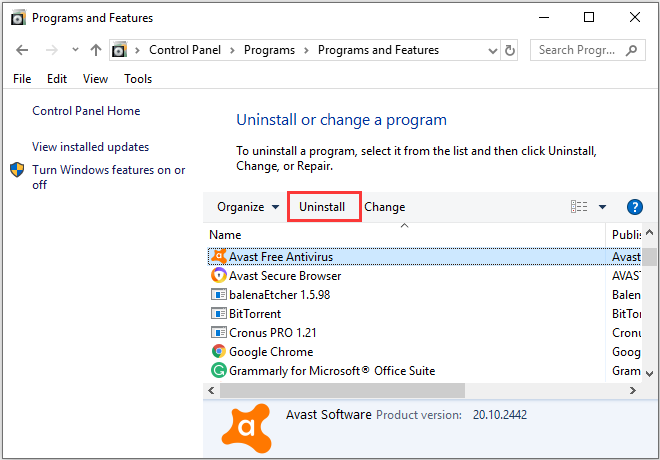 uninstall antivirus