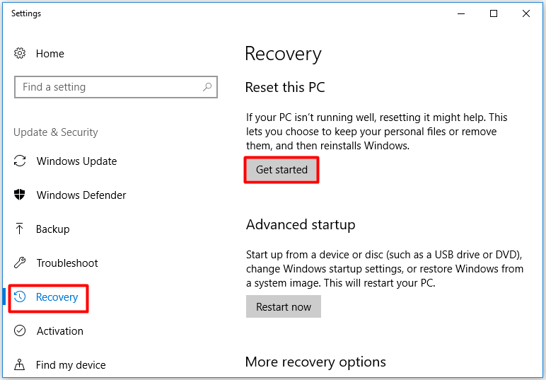 click Get Started under Reset this PC
