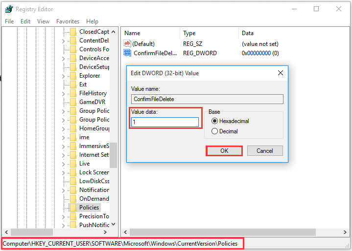enable Windows 10 delete confirmation in Registry Editor