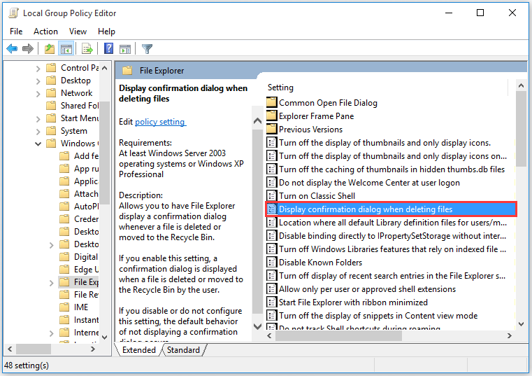 double click Display confirmation dialogue when deleting files