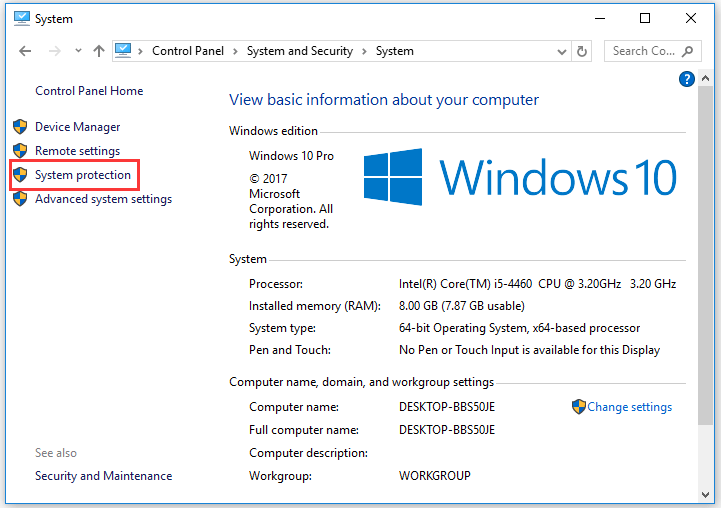 choose System protection