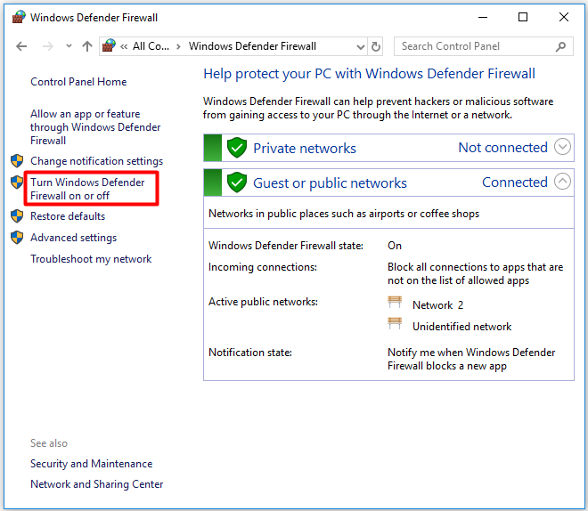 Turn Windows Defender Firewall on or off