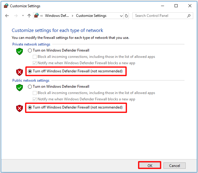 Turn off Windows Defender Firewall