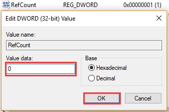 change the value data of RefCount to 0