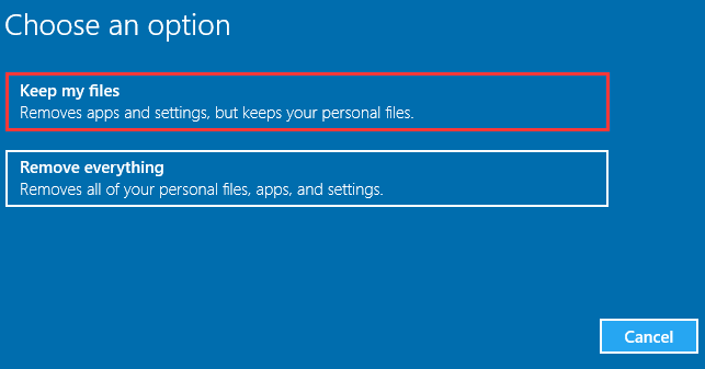 choose an option to reset This PC